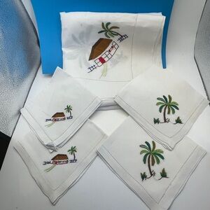 Vintage 50’s or 60’s Tropical Embroidered linen Napkins and 35” Table cloth